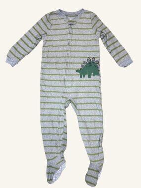 Dinosaur Footed Fleece Sleeper Gray Green Striped Pajamas 3T